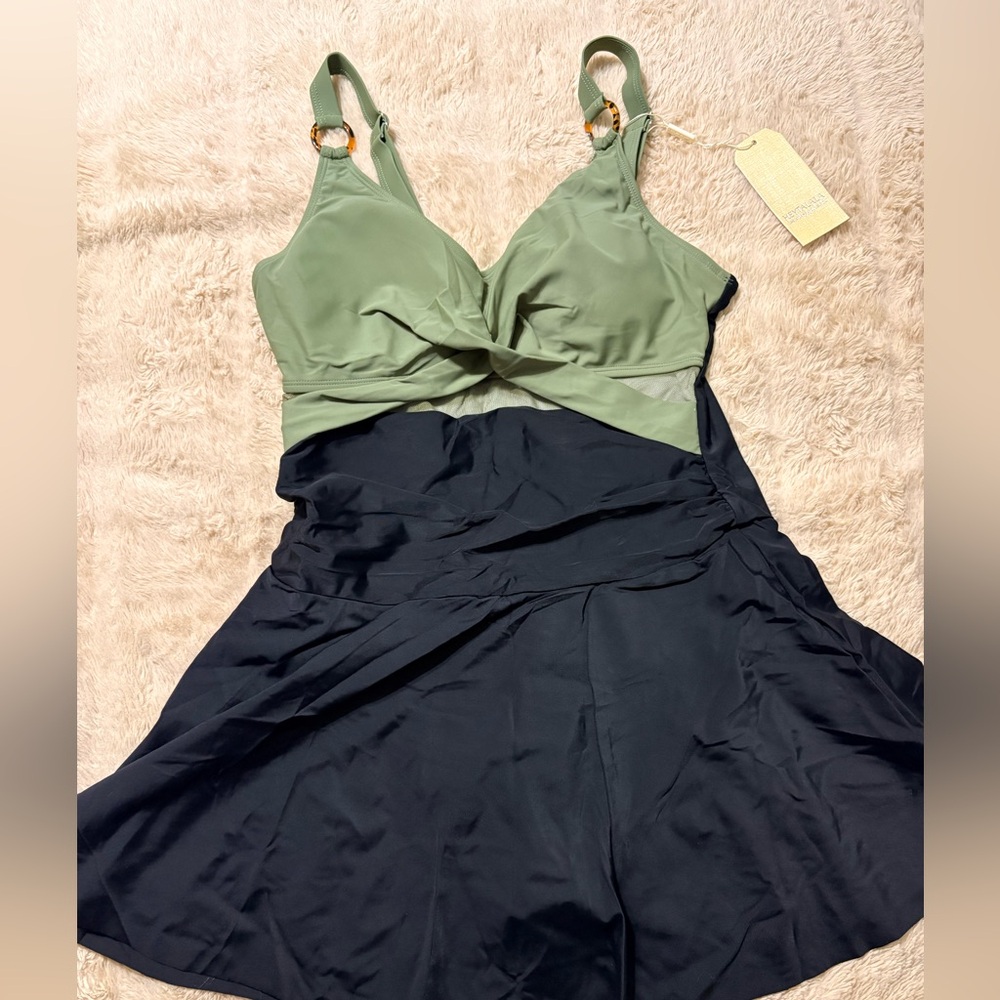 Olive Green and Black Twist-Front Swimdress